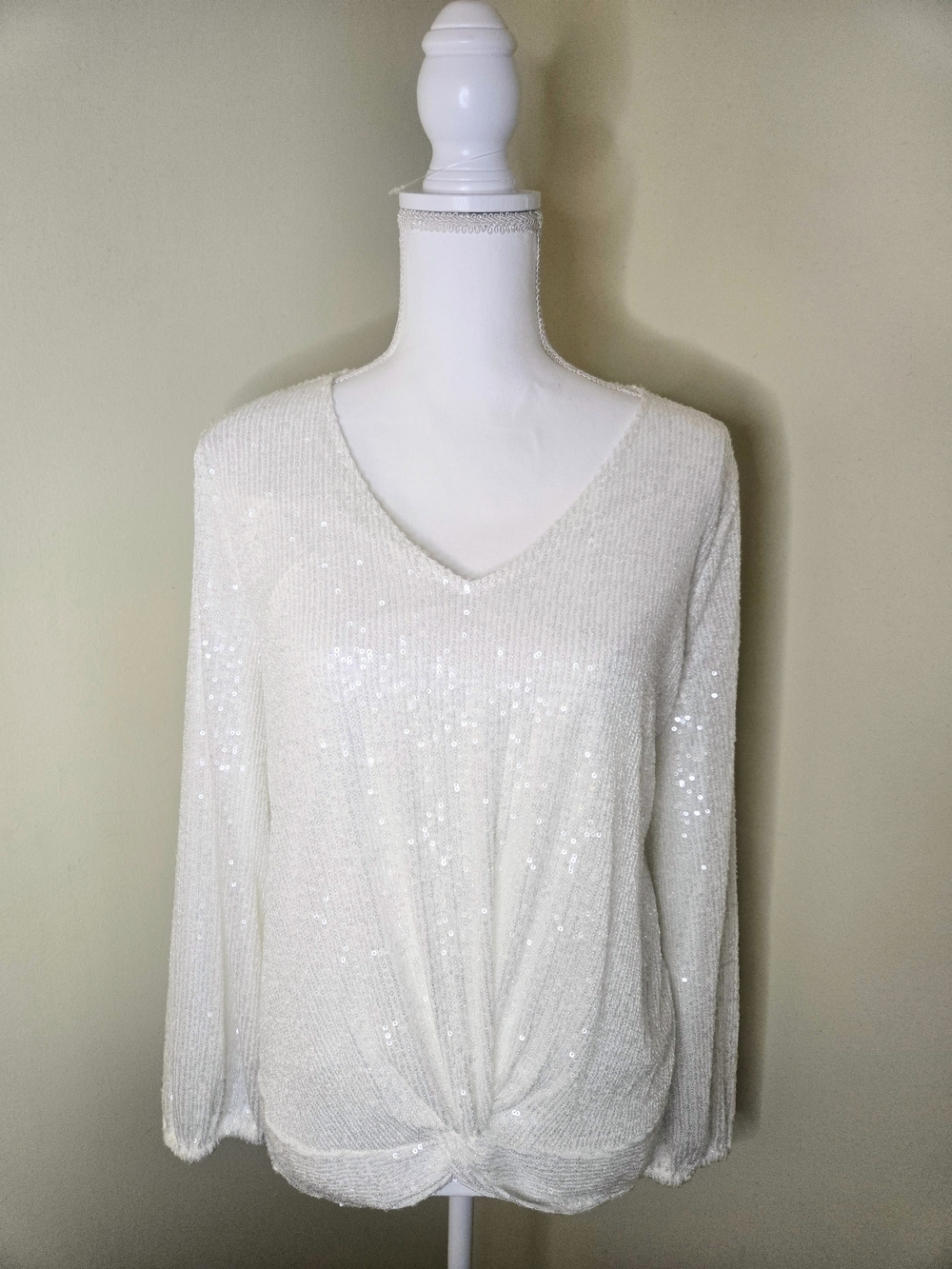 White Sequin V-Neck Twist Hem Top